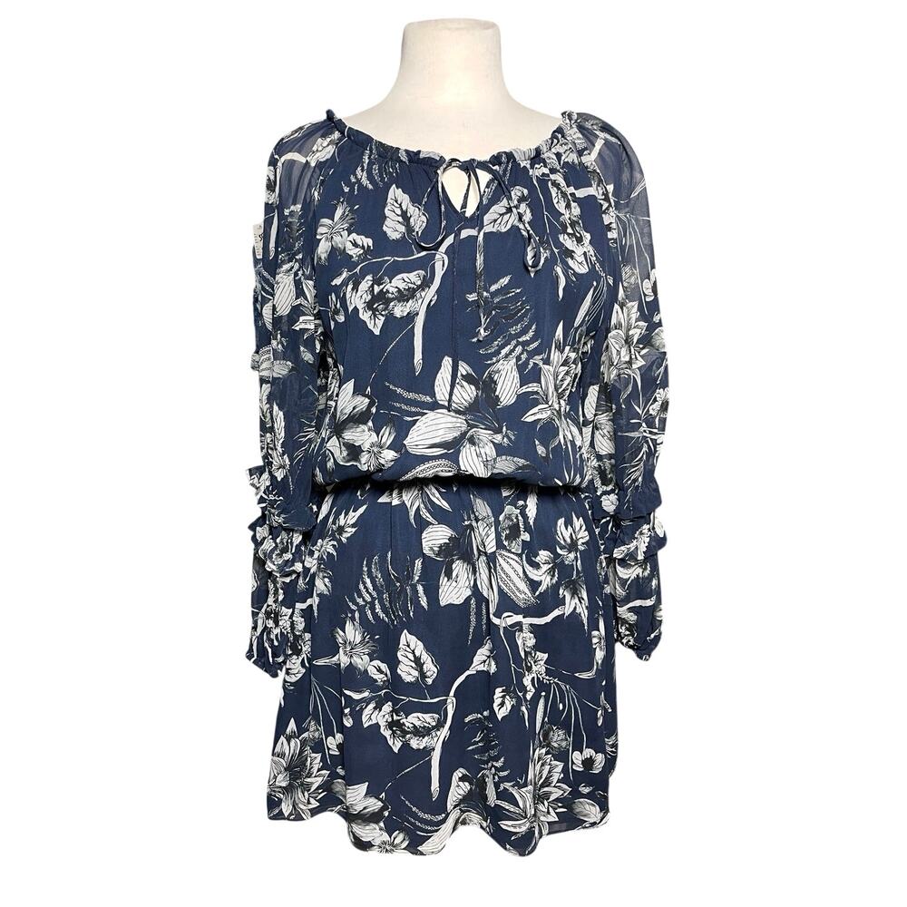 PARKER Women’s Navy Blue Silk Floral 3/4 Sleeve Mini Dress